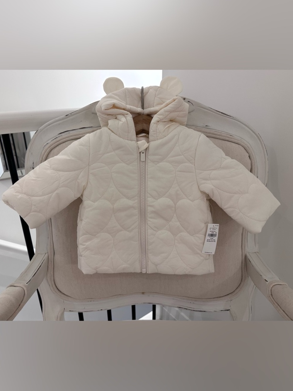 🤍 3~6 Mth Old Navy Ivory Quilted Baby Puffer Jacket Coat Hood With Ears NWT